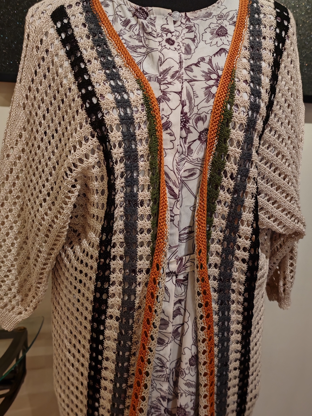 Crochet Duster Cardigan with Striped Accents - Picture 9 of 11